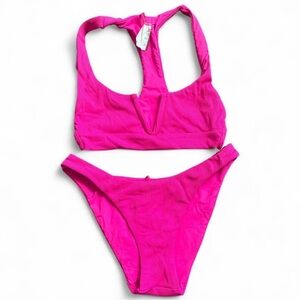 Frankie's Bikinis Hot Pink Ribbed V-Neck Bikini Set